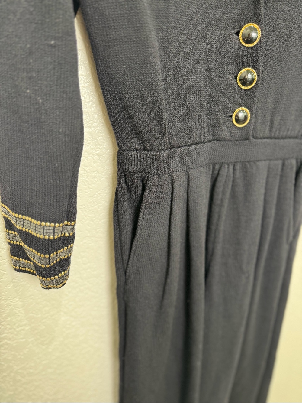 Vintage St John Marie Gray Jumpsuit Womens 2 Black Santana Knit Gold Beaded USA - Picture 12 of 16